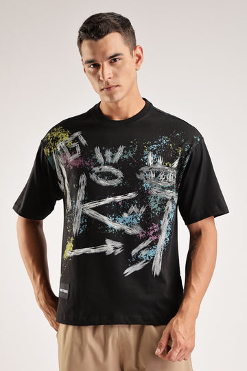 Graffiti Glitch Black Oversized T Shirt